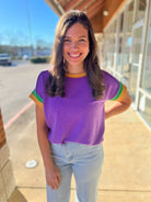 Purple Ribbed Top with Green and Gold Banding on Sleeves - A'Bekah's Boutique