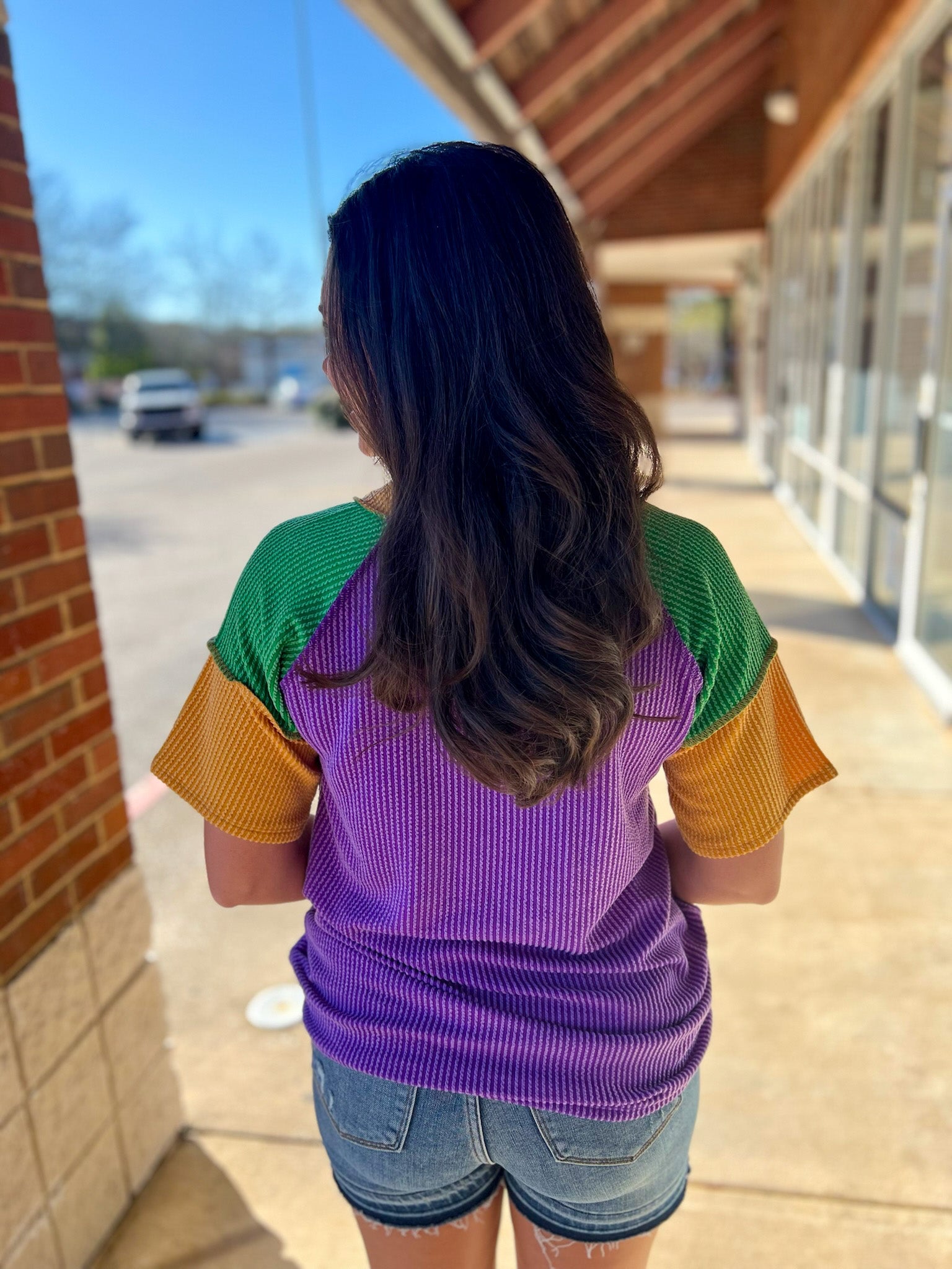 Purple Ribbed V - Neck Mardi Gras Short Sleeve Top - A'Bekah's Boutique