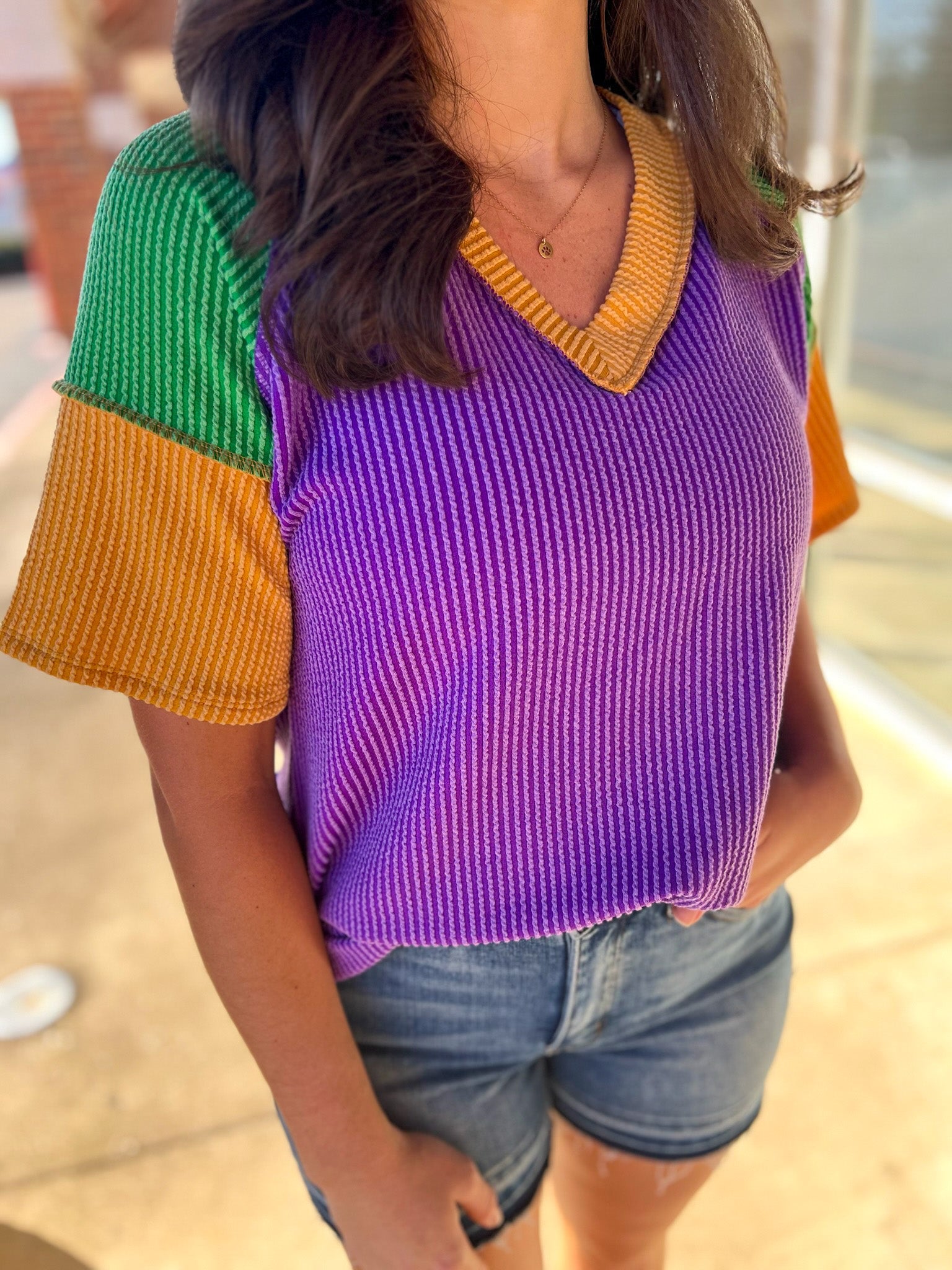 Purple Ribbed V - Neck Mardi Gras Short Sleeve Top - A'Bekah's Boutique