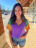 Purple Ribbed V - Neck Mardi Gras Short Sleeve Top - A'Bekah's Boutique