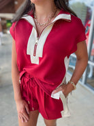 Quite a Pair Brick Red Short Set with Contrast Accents - A'Bekah's Boutique
