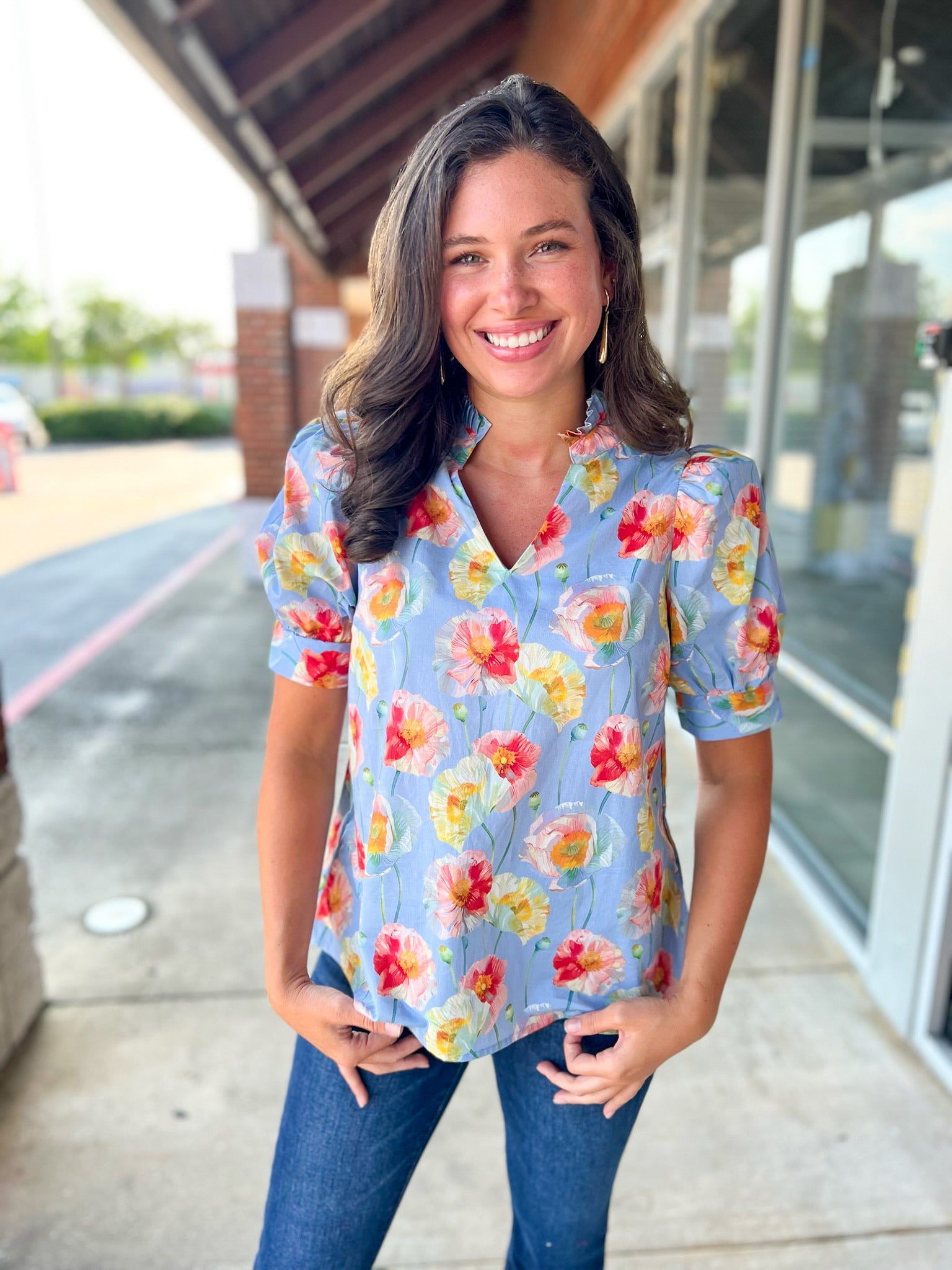 Quite the Catch Light Blue Floral Short Sleeve Top - A'Bekah's Boutique