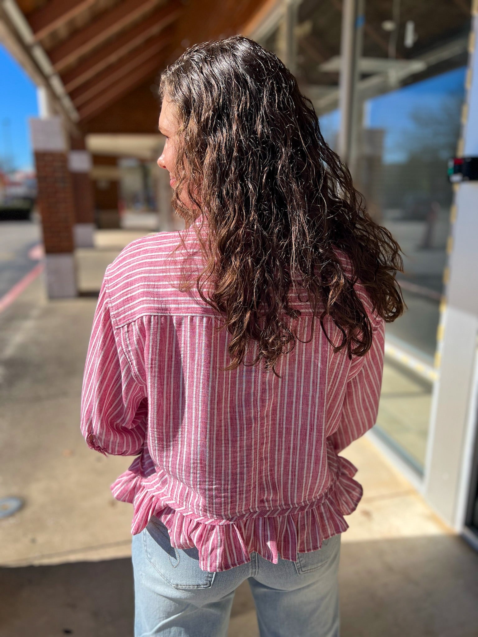Raspberry Striped Button Up Top with Ruffle Hem - A'Bekah's Boutique