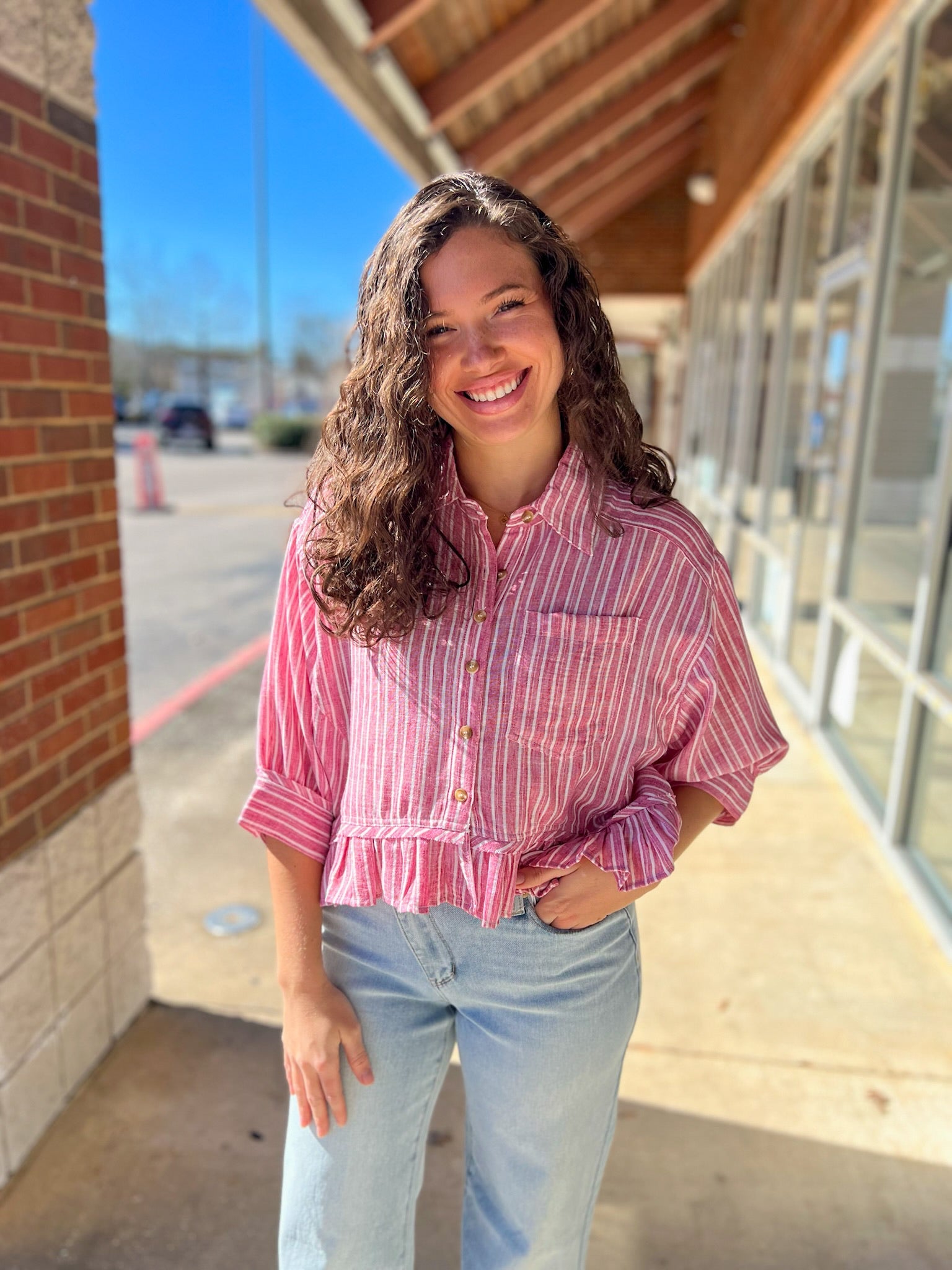 Raspberry Striped Button Up Top with Ruffle Hem - A'Bekah's Boutique