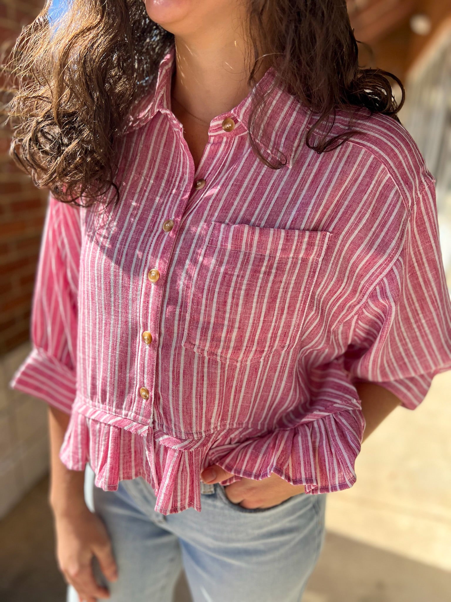 Raspberry Striped Button Up Top with Ruffle Hem - A'Bekah's Boutique