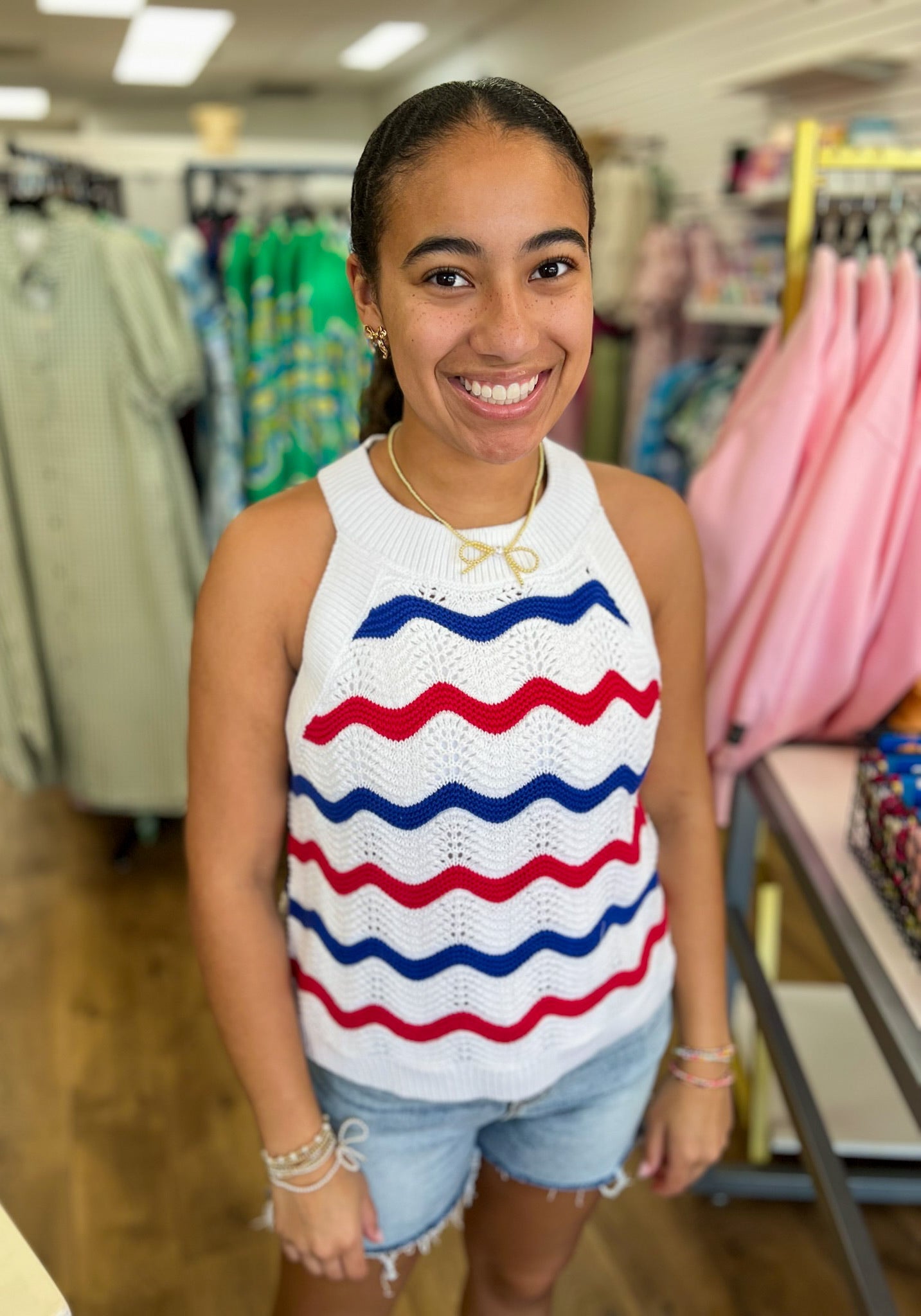 Red and Blue Striped Lightweight Sleeveless Sweater - A'Bekah's Boutique