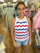 Red and Blue Striped Lightweight Sleeveless Sweater - A'Bekah's Boutique