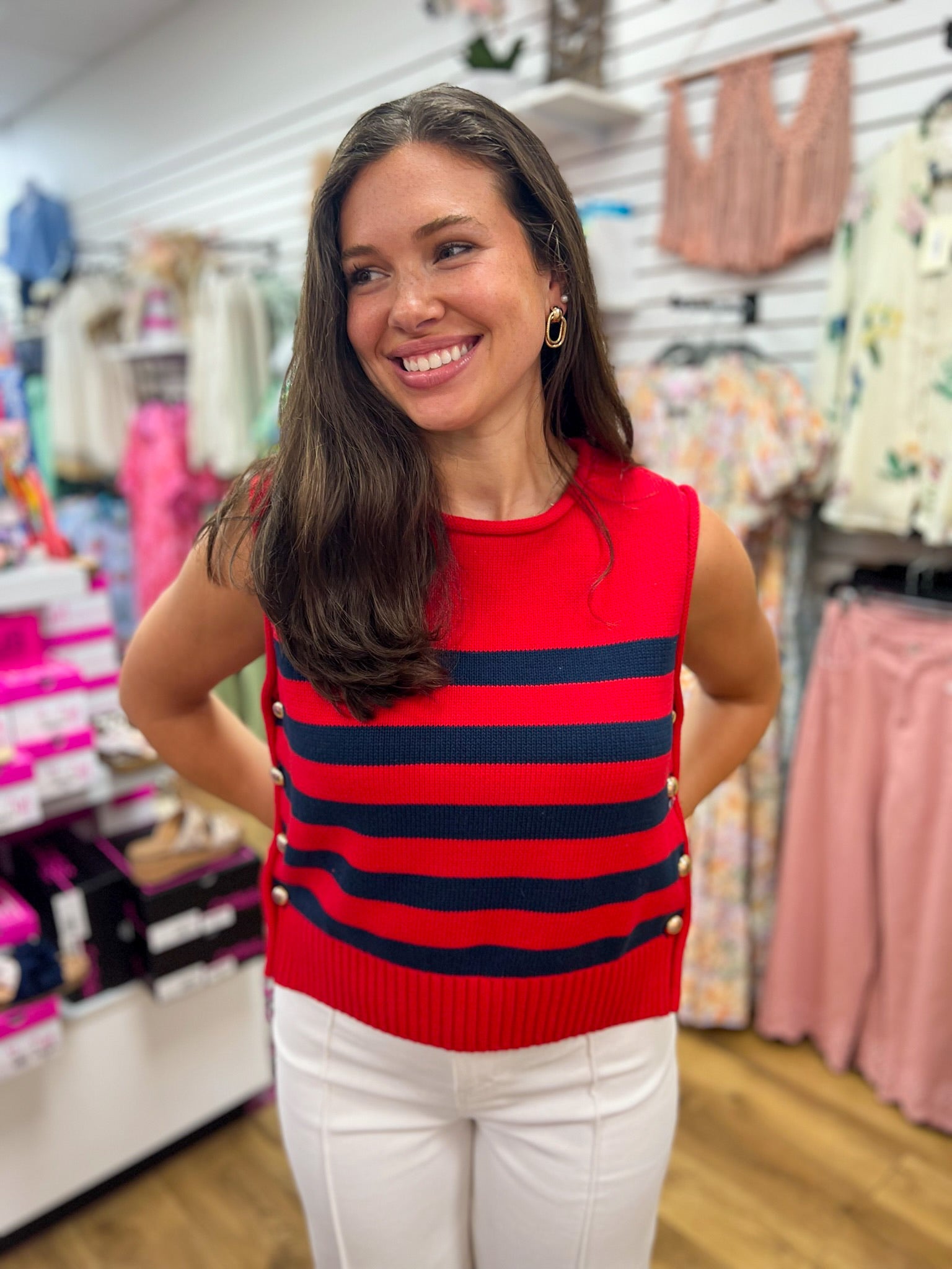 Red and Navy Striped Sleeveless Knit Top with Gold Buttons on Sides - A'Bekah's Boutique