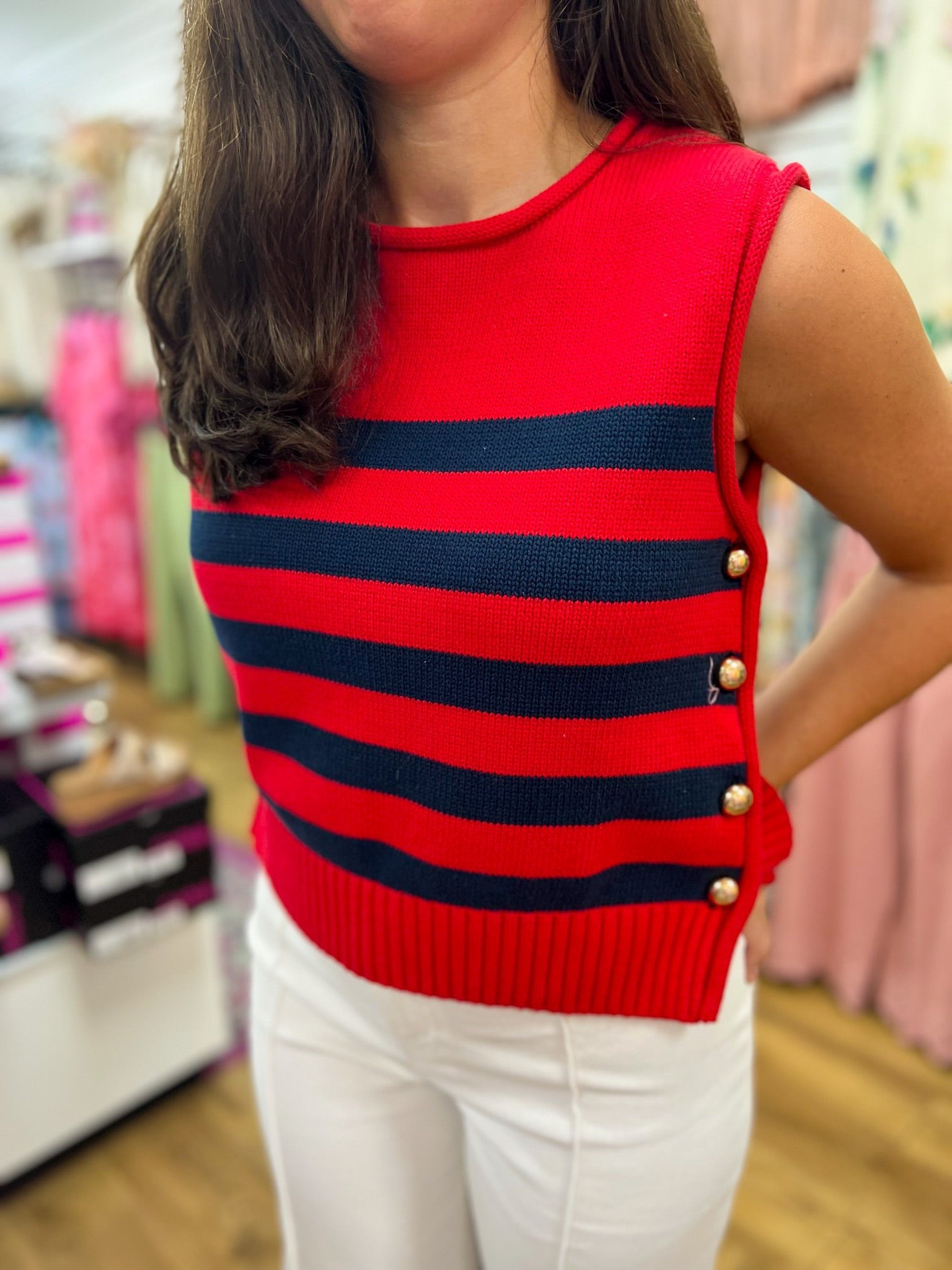 Red and Navy Striped Sleeveless Knit Top with Gold Buttons on Sides - A'Bekah's Boutique