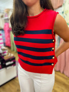 Red and Navy Striped Sleeveless Knit Top with Gold Buttons on Sides - A'Bekah's Boutique