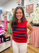 Red and Navy Striped Sleeveless Knit Top with Gold Buttons on Sides - A'Bekah's Boutique