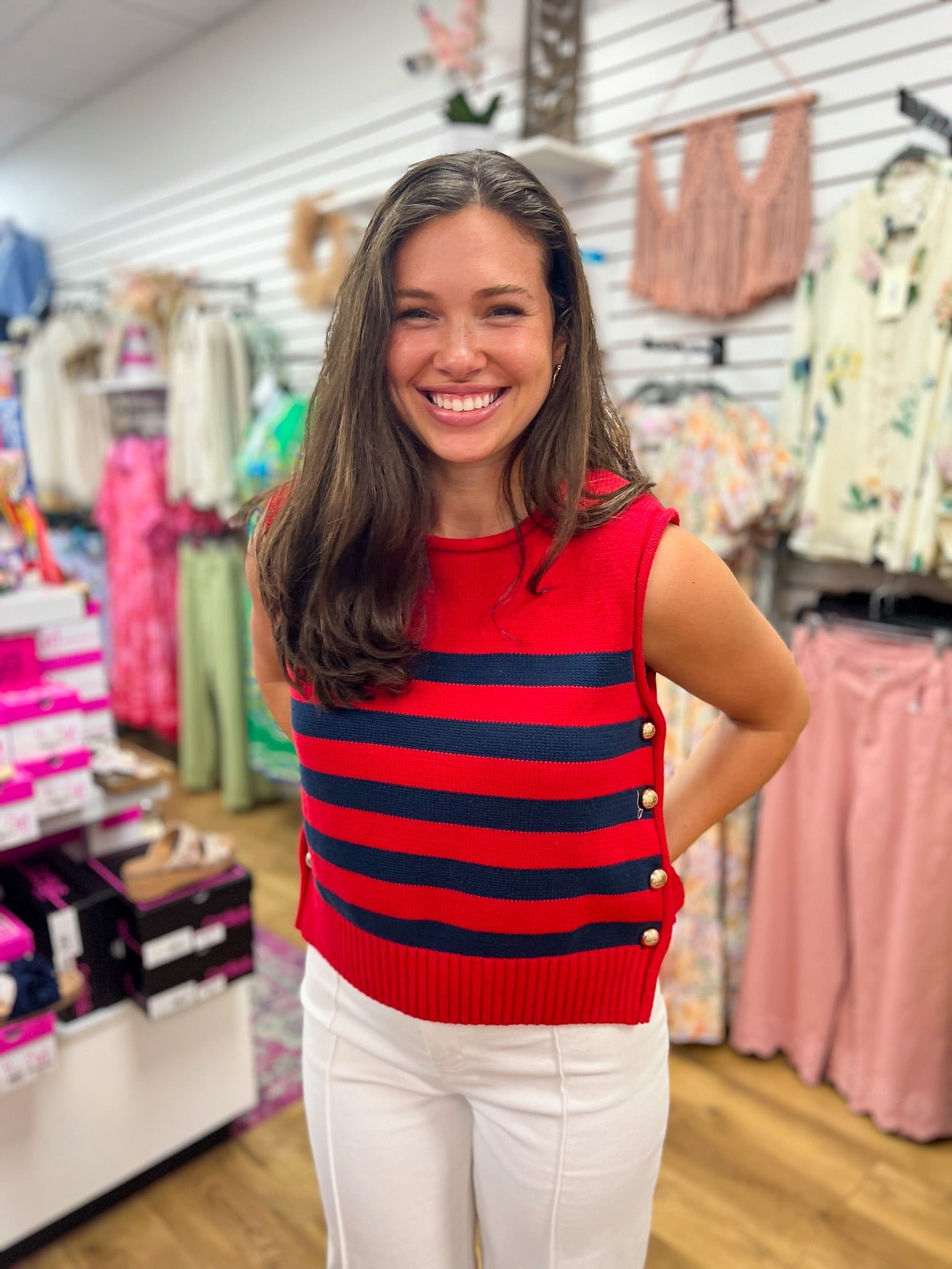 Red and Navy Striped Sleeveless Knit Top with Gold Buttons on Sides - A'Bekah's Boutique