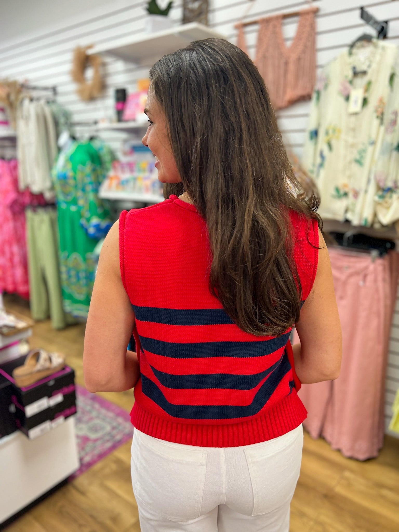 Red and Navy Striped Sleeveless Knit Top with Gold Buttons on Sides - A'Bekah's Boutique