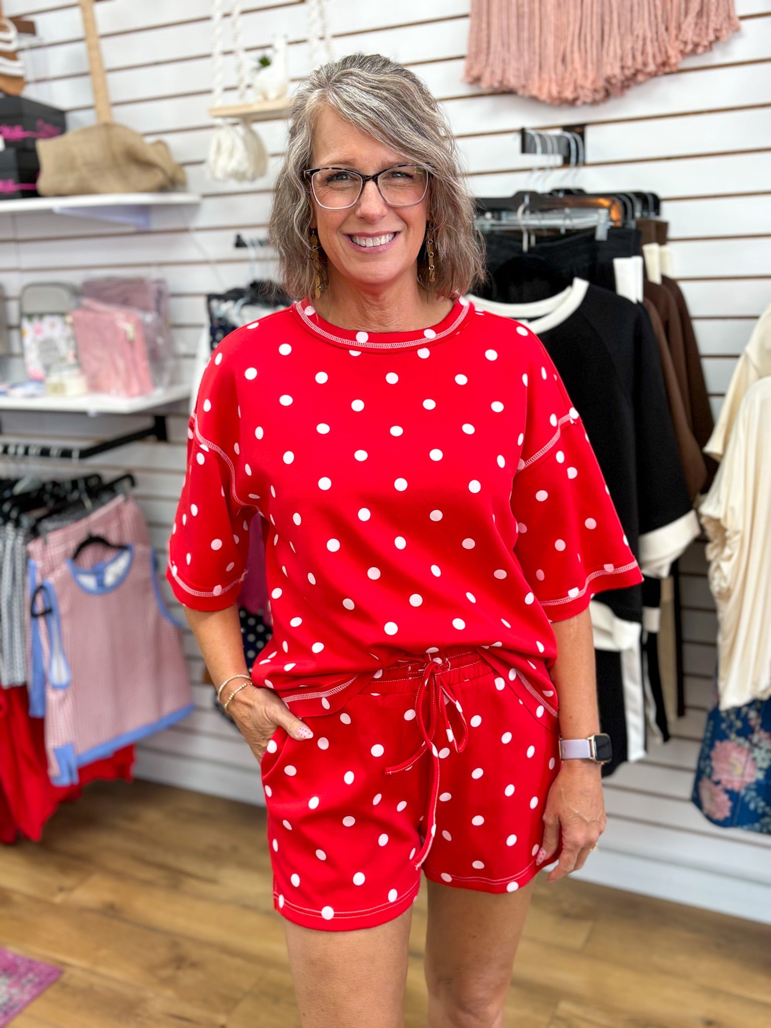 Red and White Polka Dot Heavy Scuba Top and Shorts Set - A'Bekah's Boutique