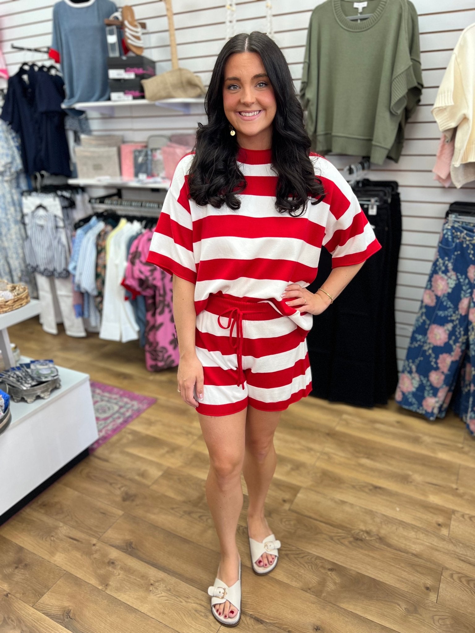 Red and White Striped Lightweight Sweater Short Set - A'Bekah's Boutique