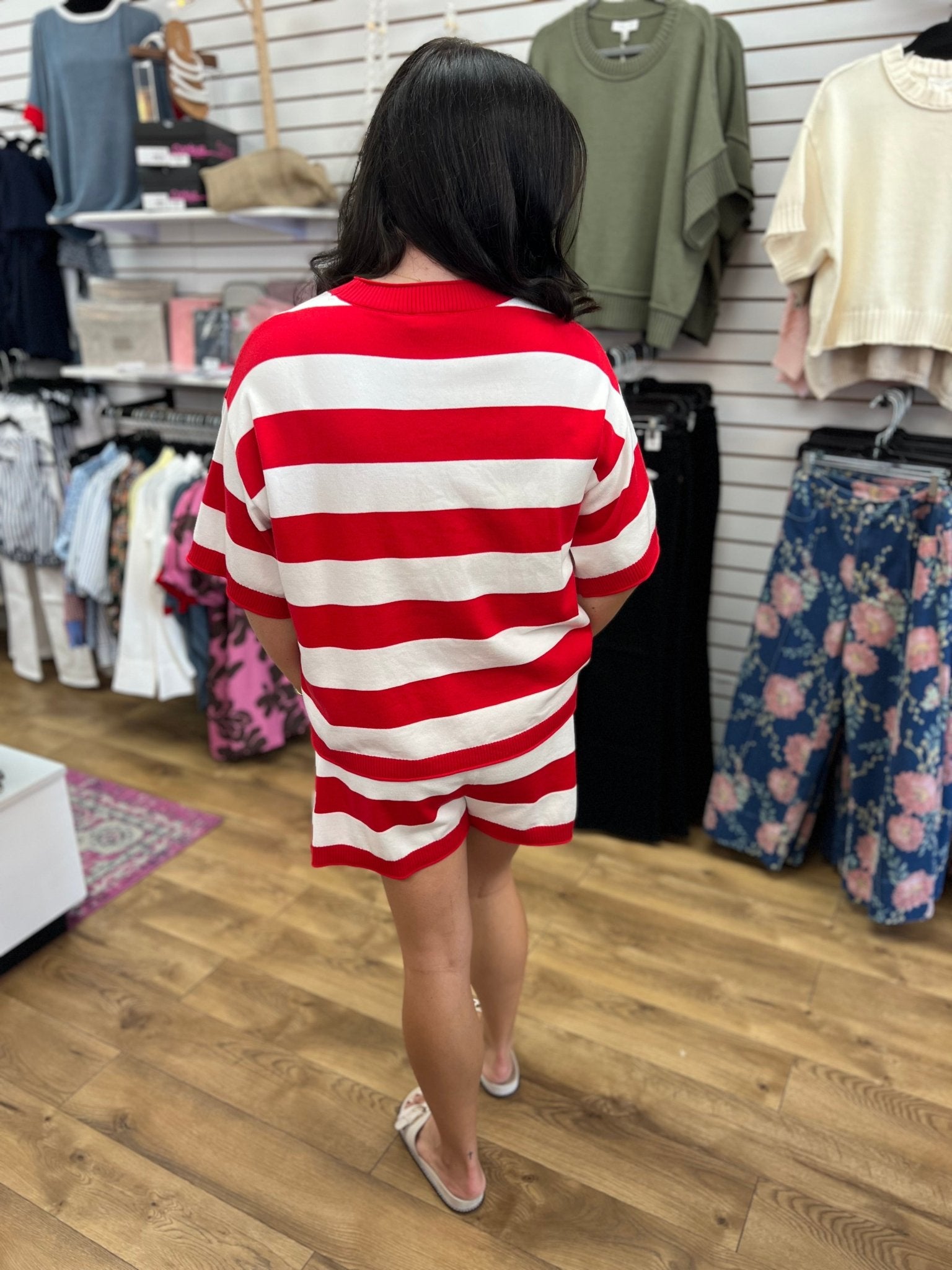 Red and White Striped Lightweight Sweater Short Set - A'Bekah's Boutique