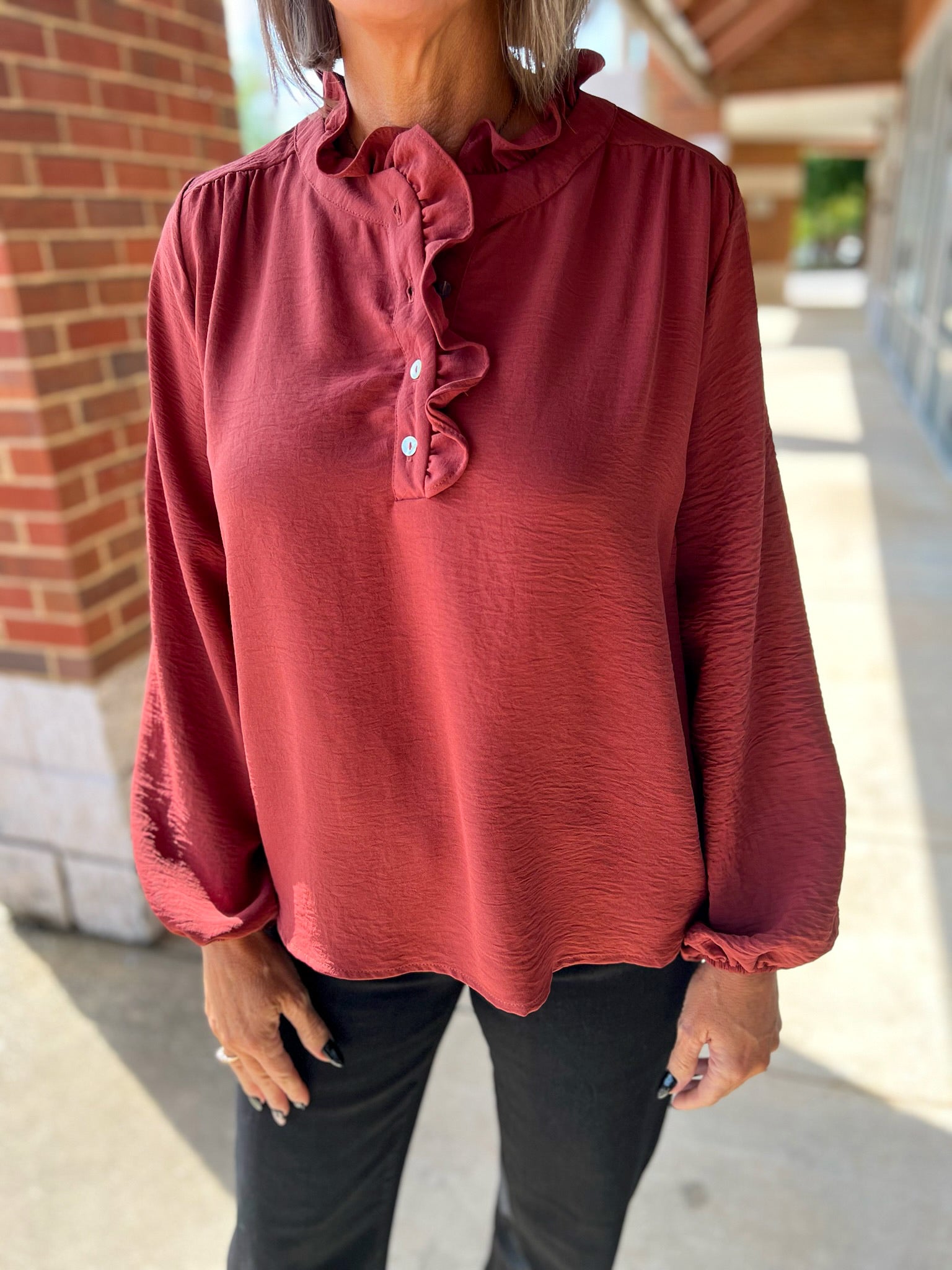 Red Brown Long Sleeve Top with Buttons and Ruffle Neckline - A'Bekah's Boutique