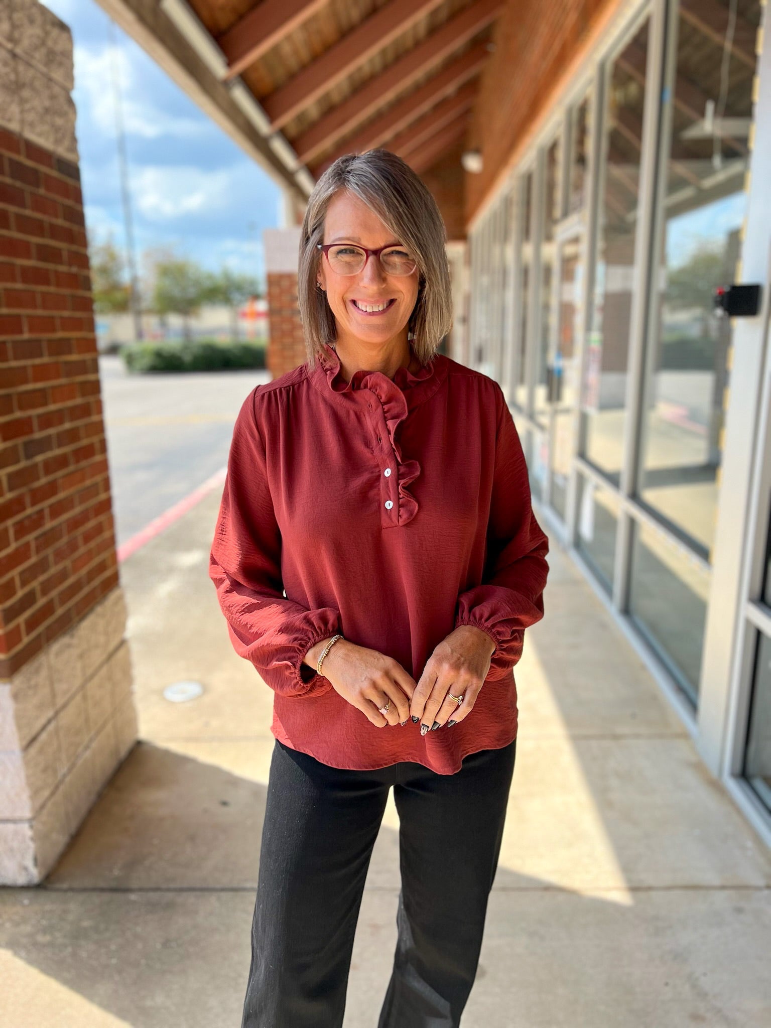 Red Brown Long Sleeve Top with Buttons and Ruffle Neckline - A'Bekah's Boutique