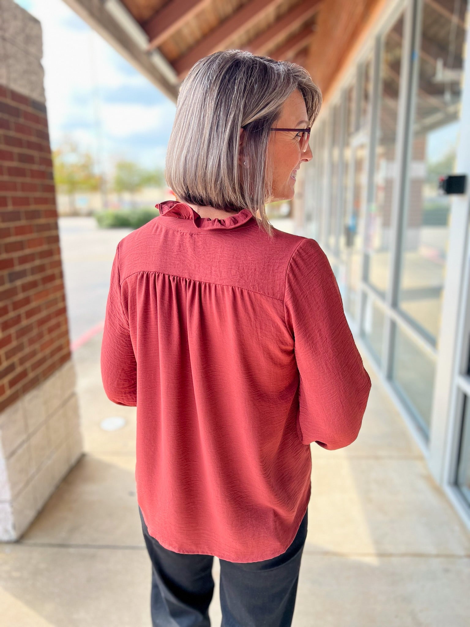 Red Brown Long Sleeve Top with Buttons and Ruffle Neckline - A'Bekah's Boutique