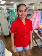 Red Button Down Top with 3D Appliques - A'Bekah's Boutique