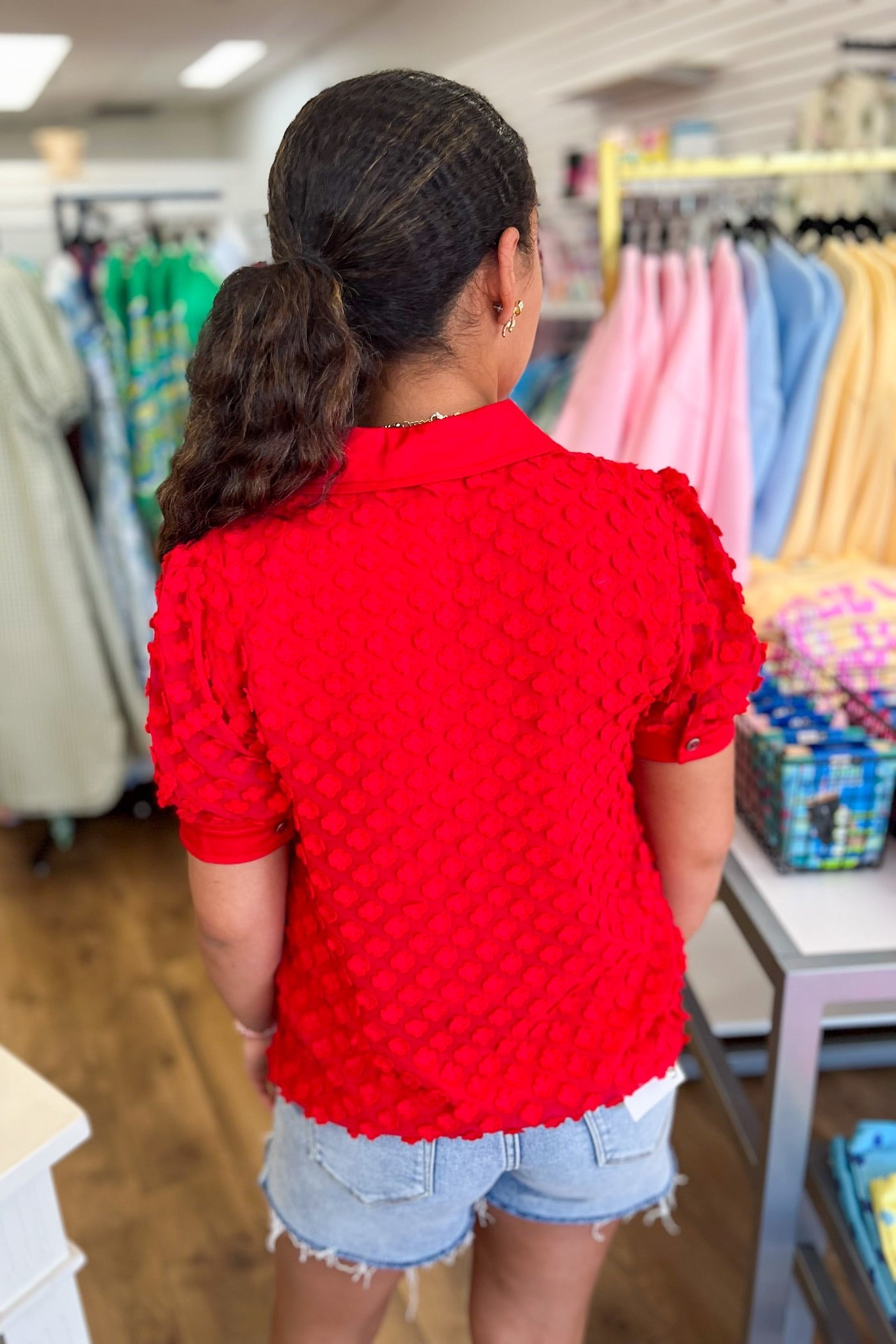 Red Button Down Top with 3D Appliques - A'Bekah's Boutique