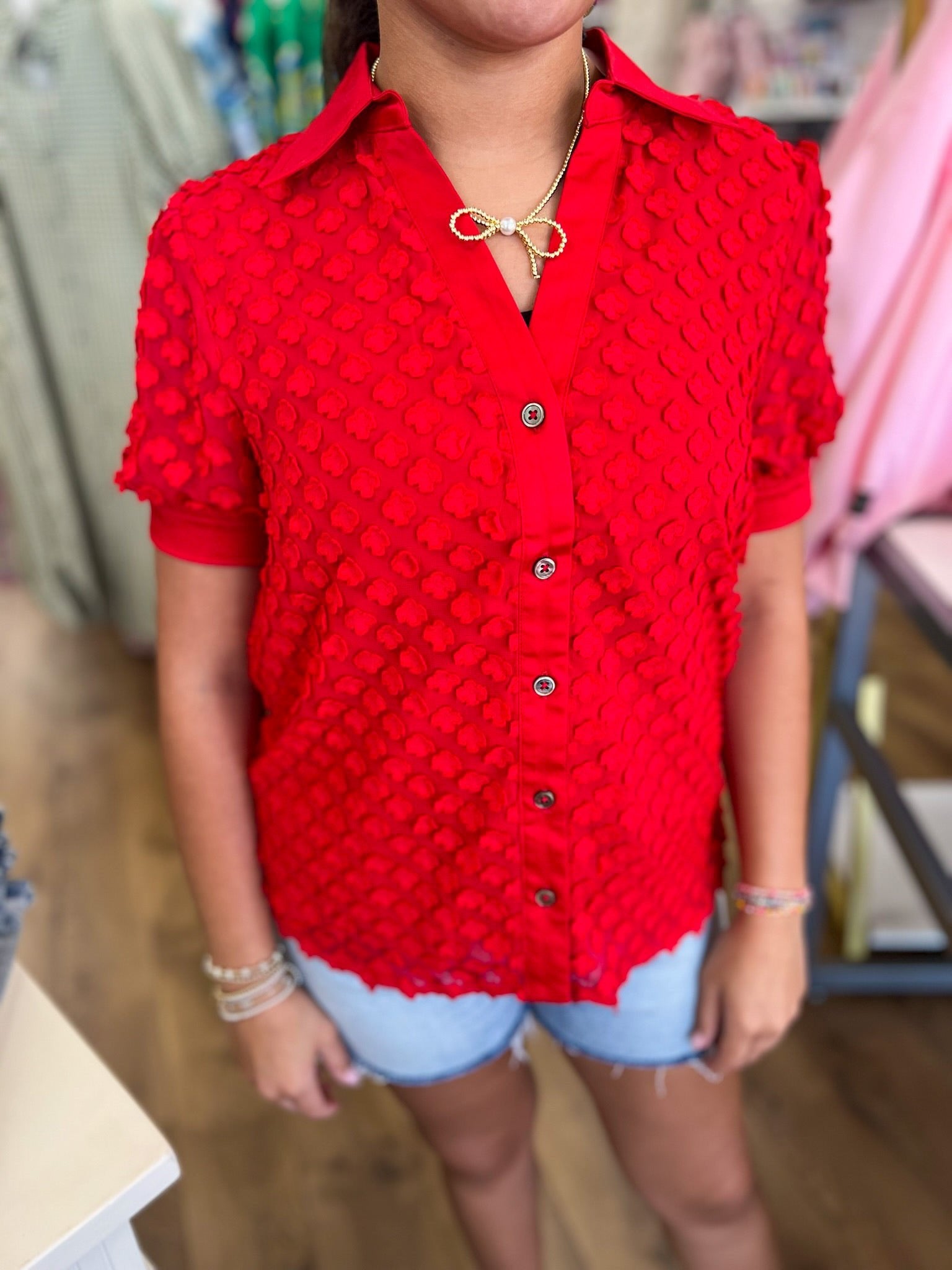 Red Button Down Top with 3D Appliques - A'Bekah's Boutique