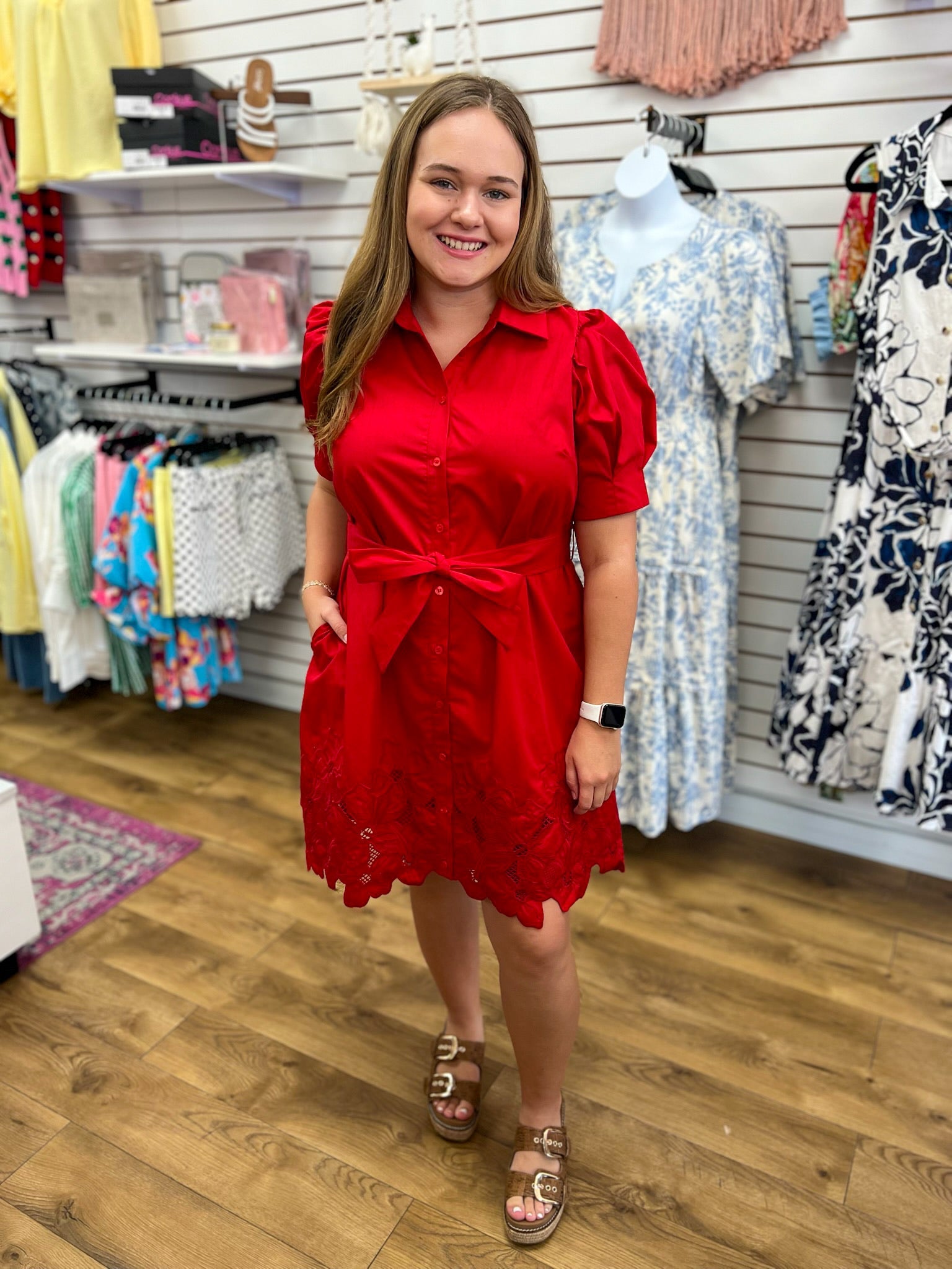 Red Button Front Dress with Short Puff Sleeves - A'Bekah's Boutique