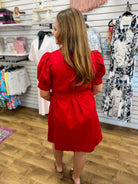 Red Button Front Dress with Short Puff Sleeves - A'Bekah's Boutique