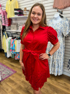 Red Button Front Dress with Short Puff Sleeves - A'Bekah's Boutique