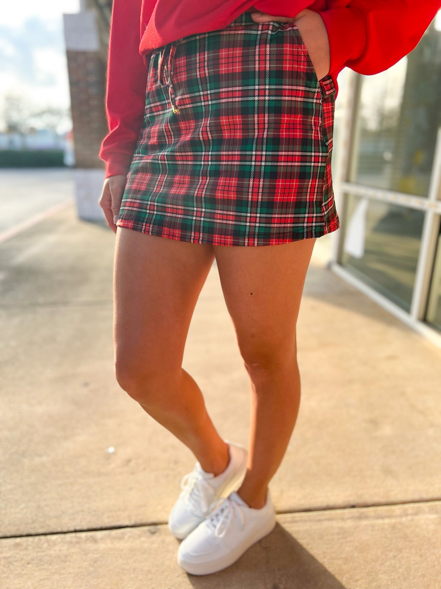 Red Christmas Plaid Skort with Elastic Waist and Pockets (C) - A'Bekah's Boutique