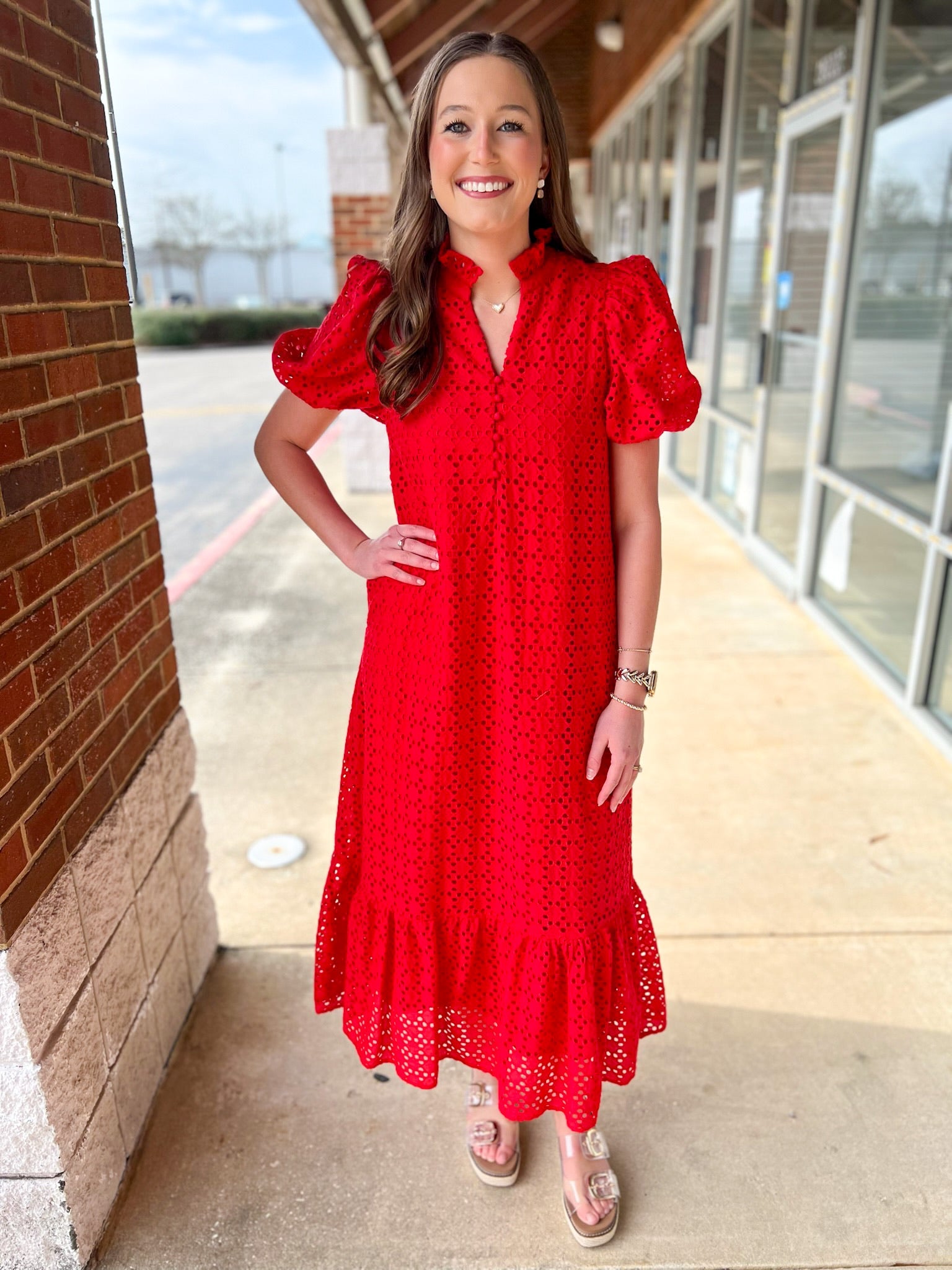 Red Eyelet V - Neck Midi Dress with Short Puff Sleeves - A'Bekah's Boutique