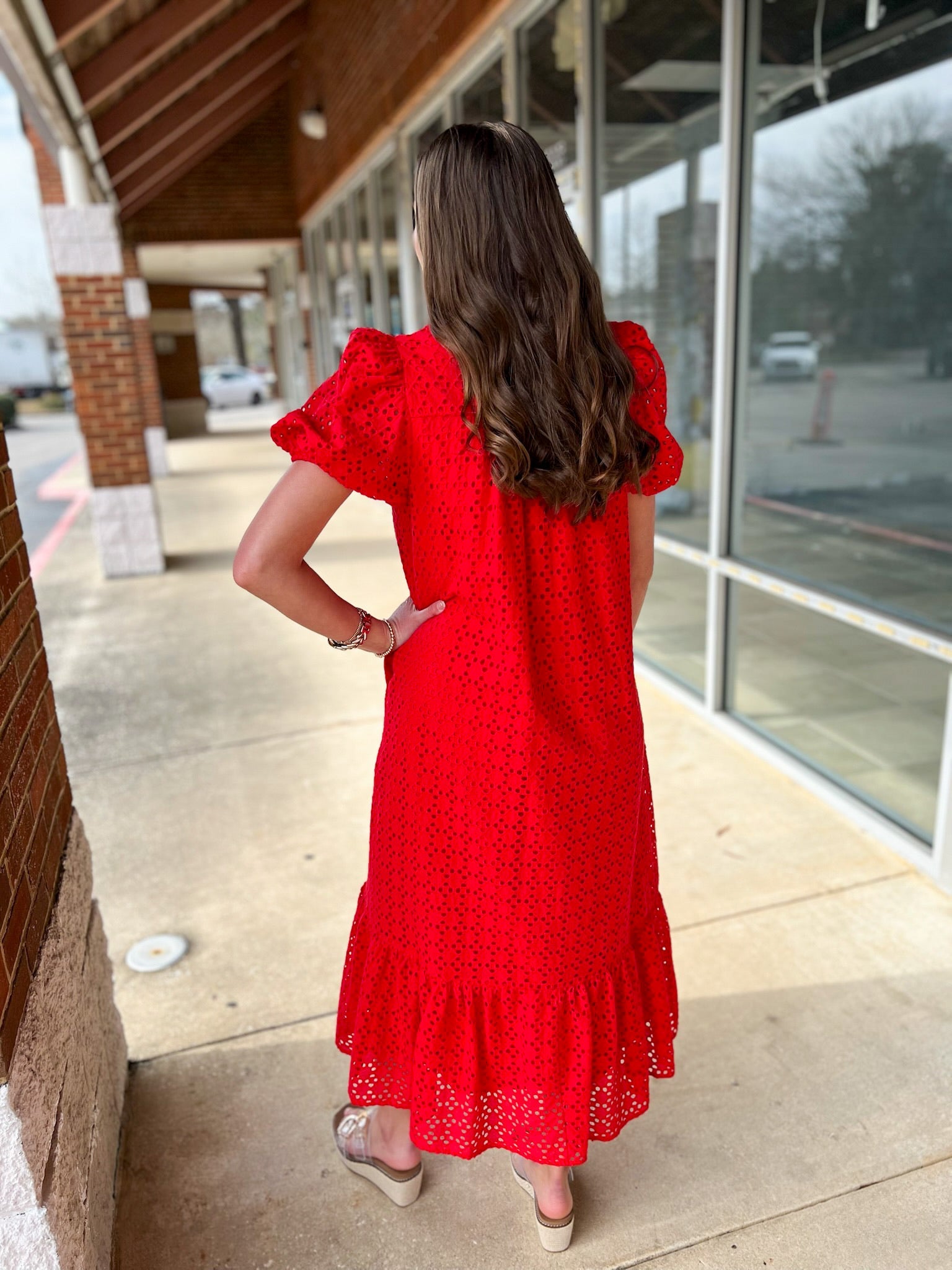 Red Eyelet V - Neck Midi Dress with Short Puff Sleeves - A'Bekah's Boutique