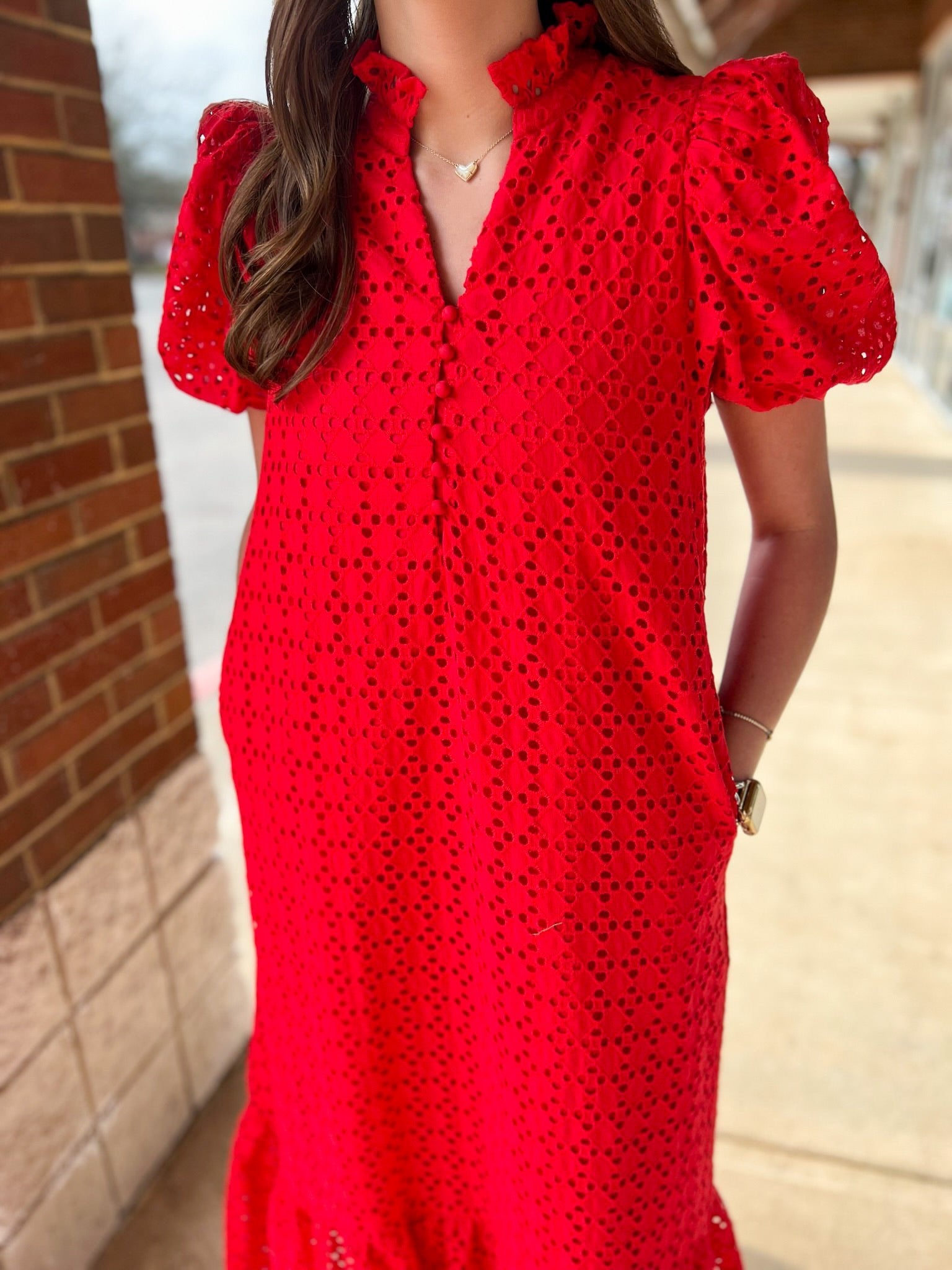 Red Eyelet V - Neck Midi Dress with Short Puff Sleeves - A'Bekah's Boutique