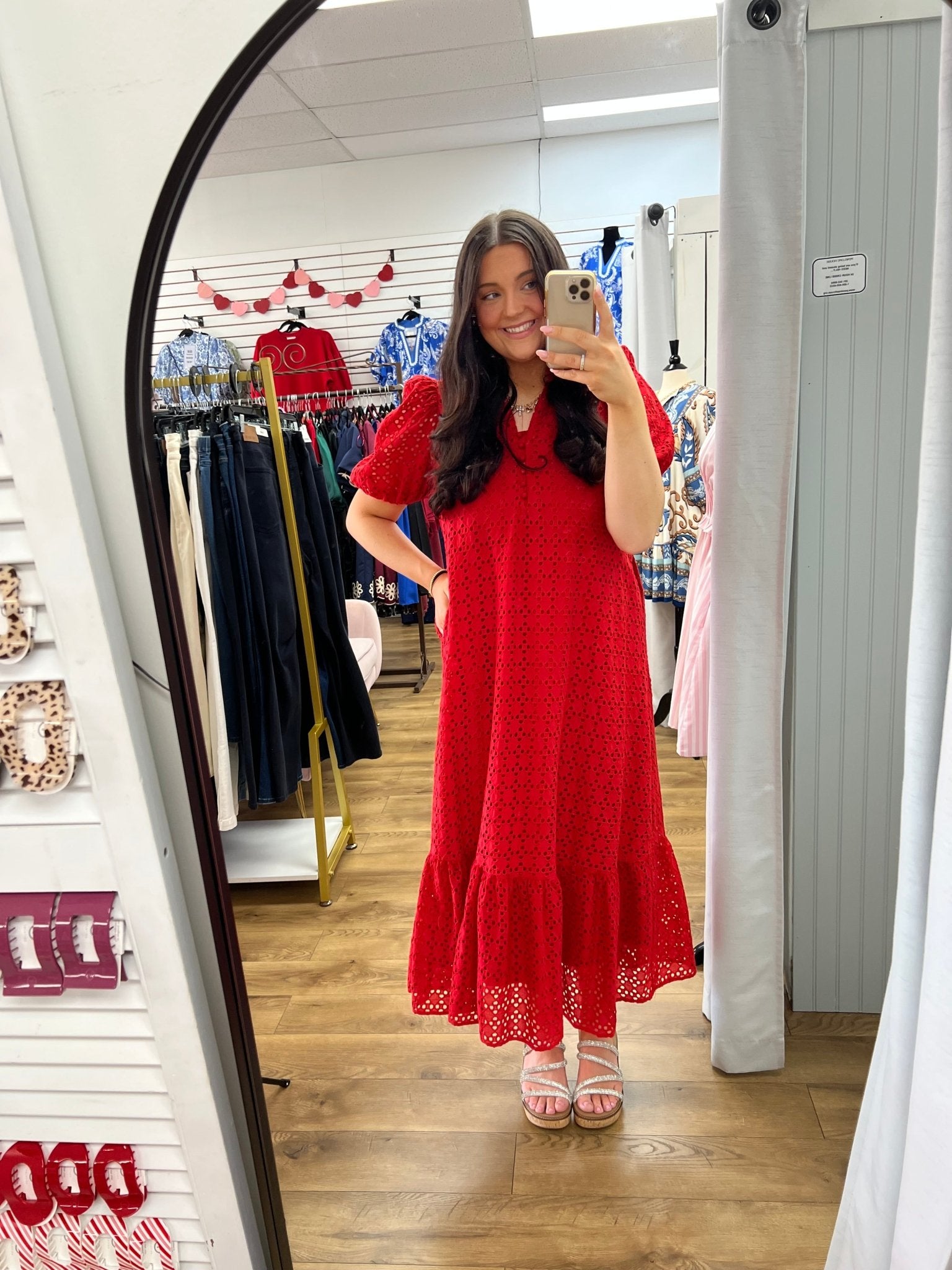 Red Eyelet V - Neck Midi Dress with Short Puff Sleeves - A'Bekah's Boutique