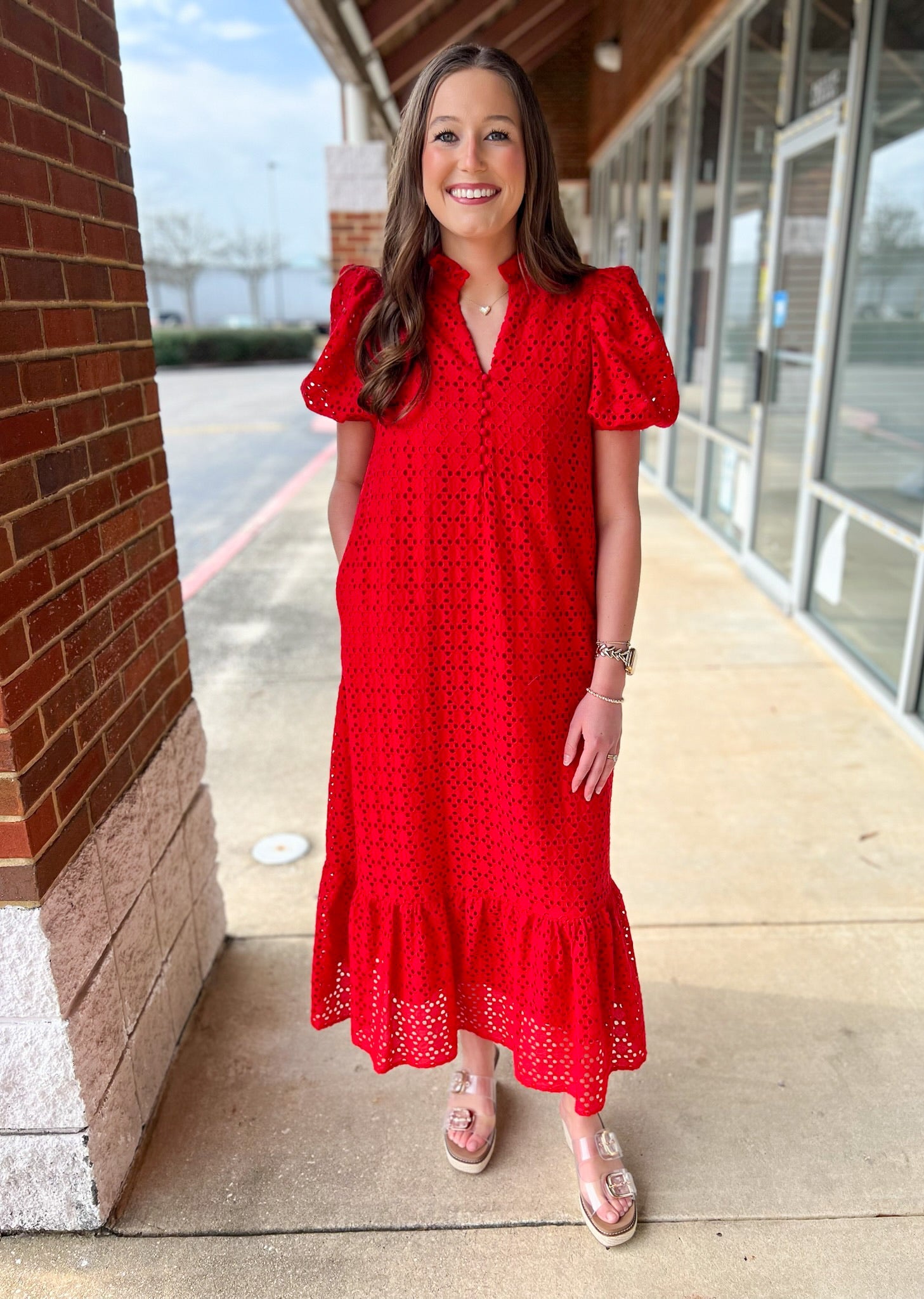 Red Eyelet V - Neck Midi Dress with Short Puff Sleeves - A'Bekah's Boutique
