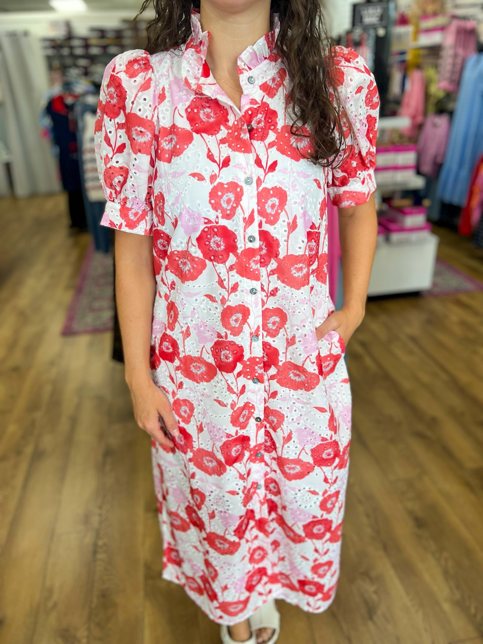 Red Floral Midi Dress with Short Puff Sleeves - A'Bekah's Boutique