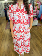 Red Floral Midi Dress with Short Puff Sleeves - A'Bekah's Boutique