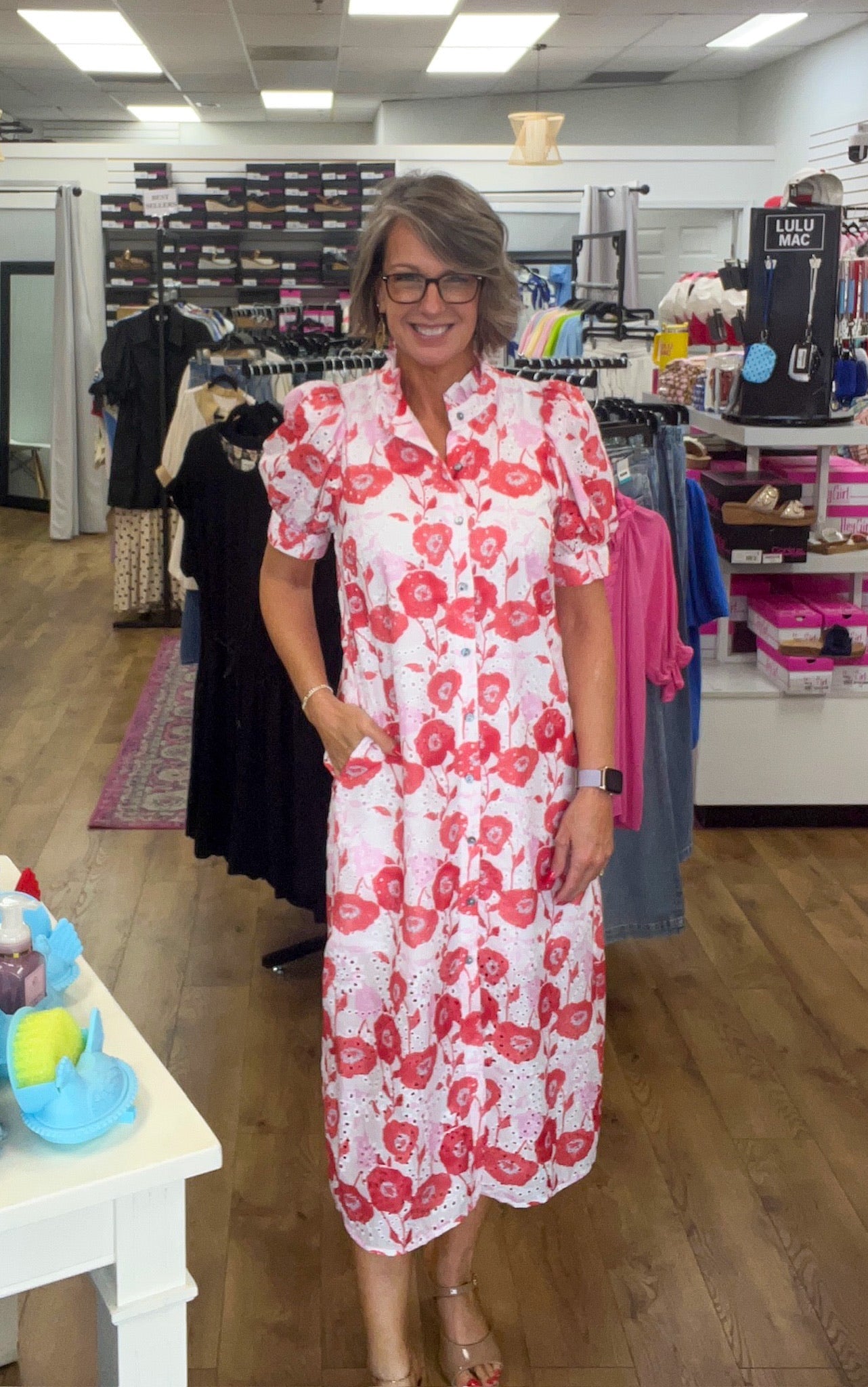 Red Floral Midi Dress with Short Puff Sleeves - A'Bekah's Boutique