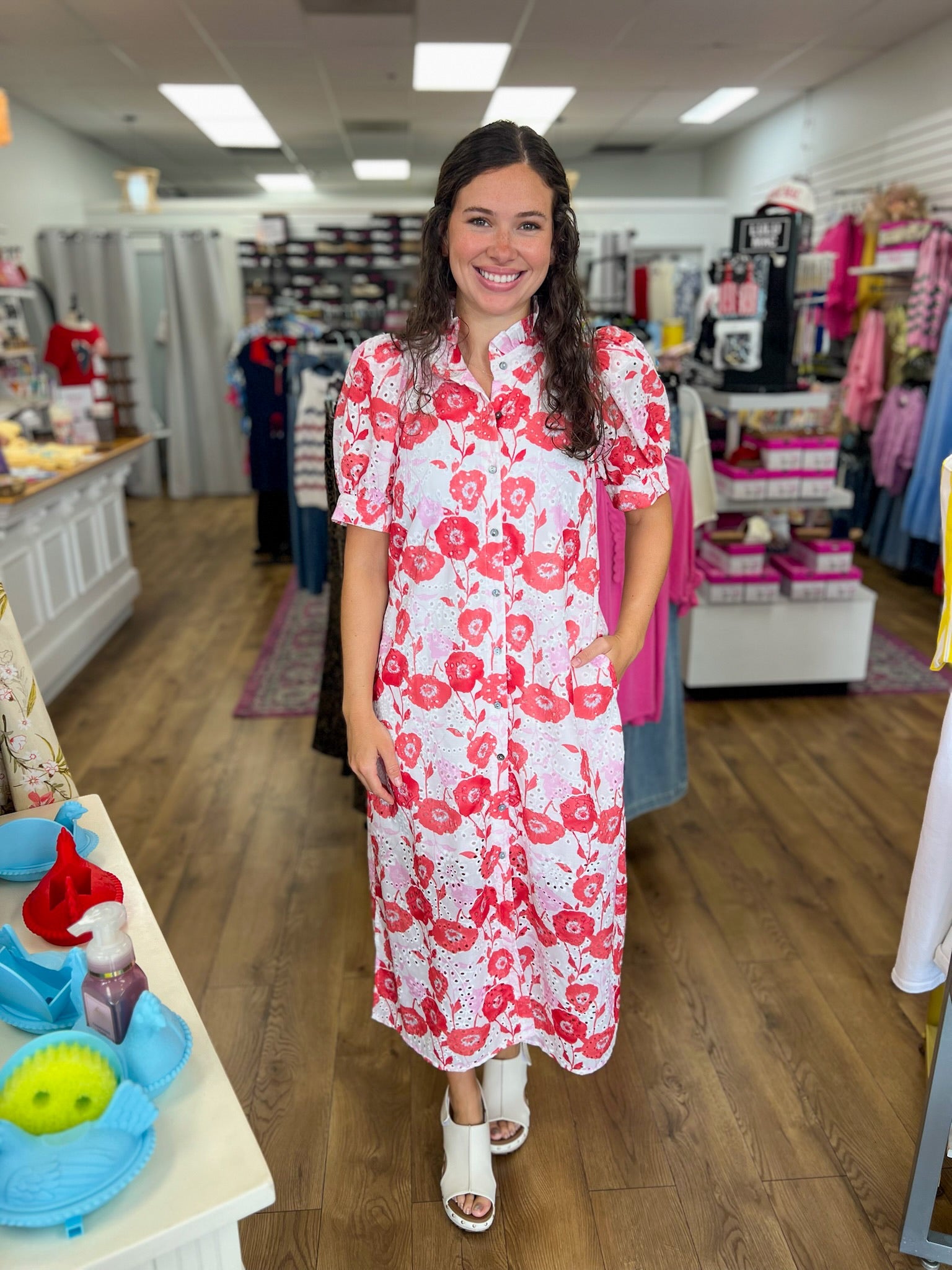 Red Floral Midi Dress with Short Puff Sleeves - A'Bekah's Boutique