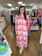 Red Floral Midi Dress with Short Puff Sleeves - A'Bekah's Boutique