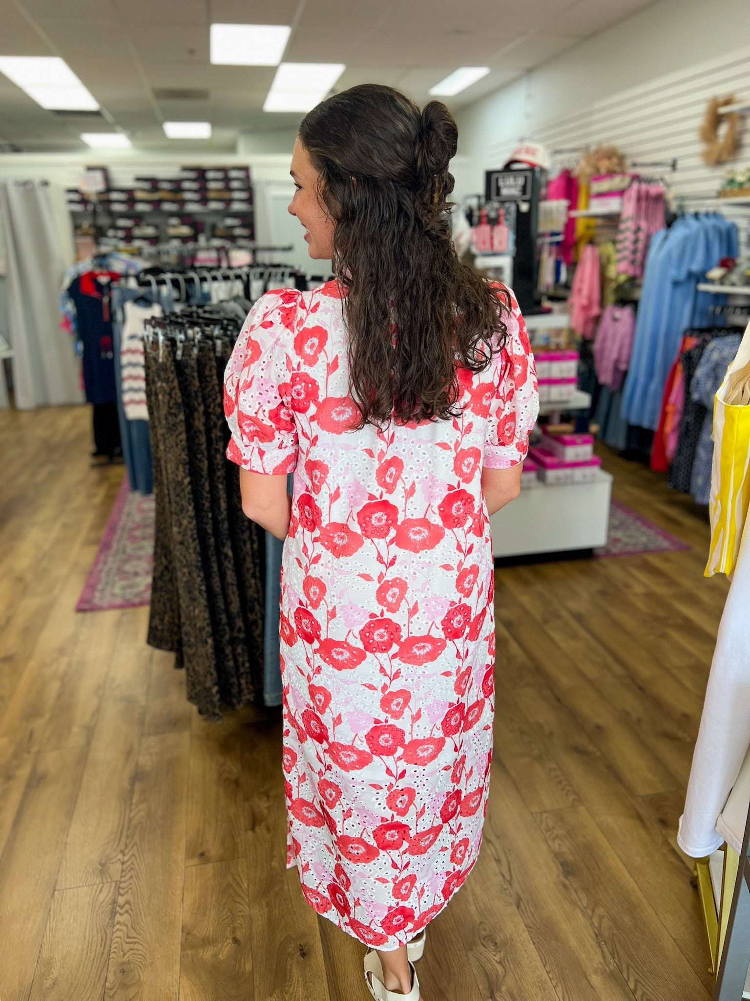 Red Floral Midi Dress with Short Puff Sleeves - A'Bekah's Boutique