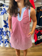 Red Gingham Dress with Blue Contrast Trim Details - A'Bekah's Boutique