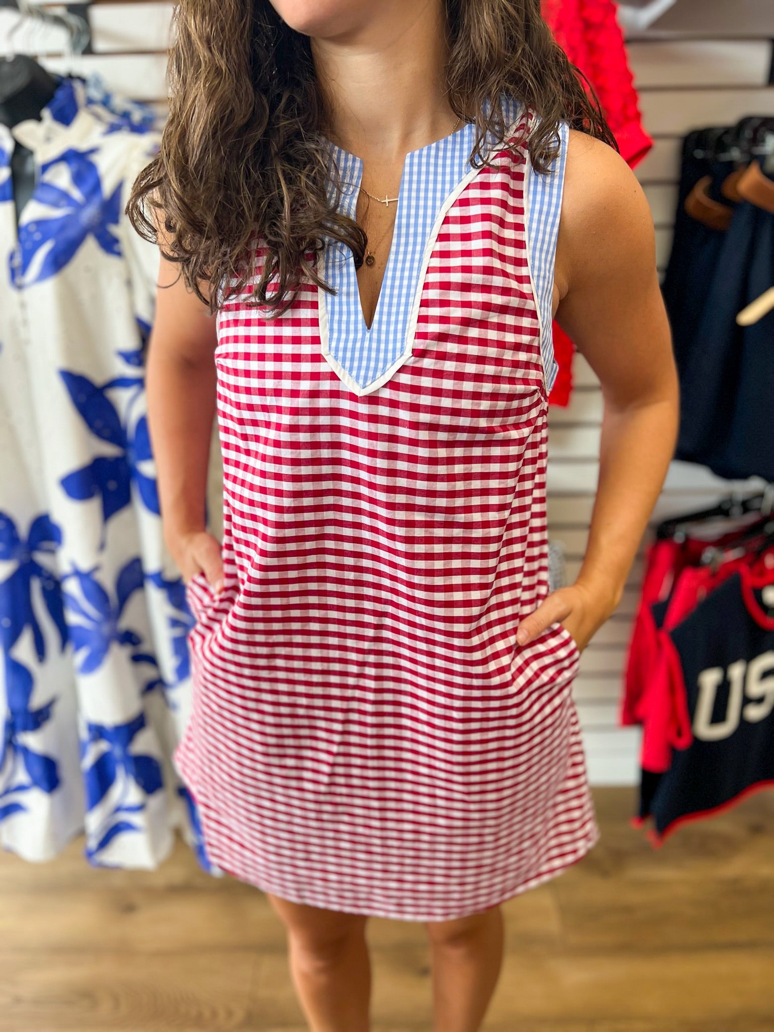 Red Gingham Dress with Blue Contrast Trim Details - A'Bekah's Boutique