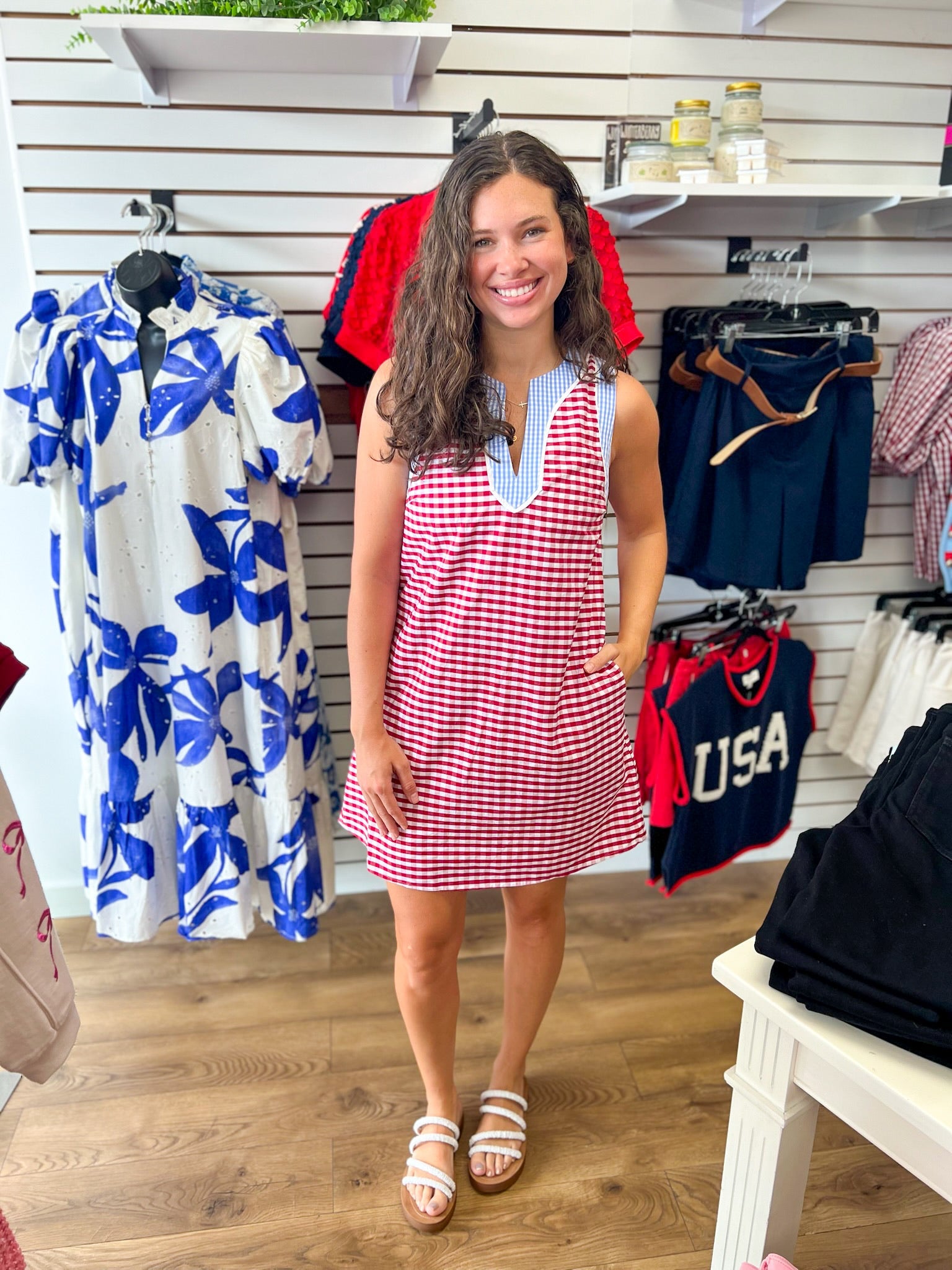 Red Gingham Dress with Blue Contrast Trim Details - A'Bekah's Boutique