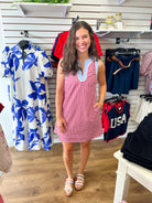 Red Gingham Dress with Blue Contrast Trim Details - A'Bekah's Boutique