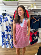 Red Gingham Dress with Blue Contrast Trim Details - A'Bekah's Boutique