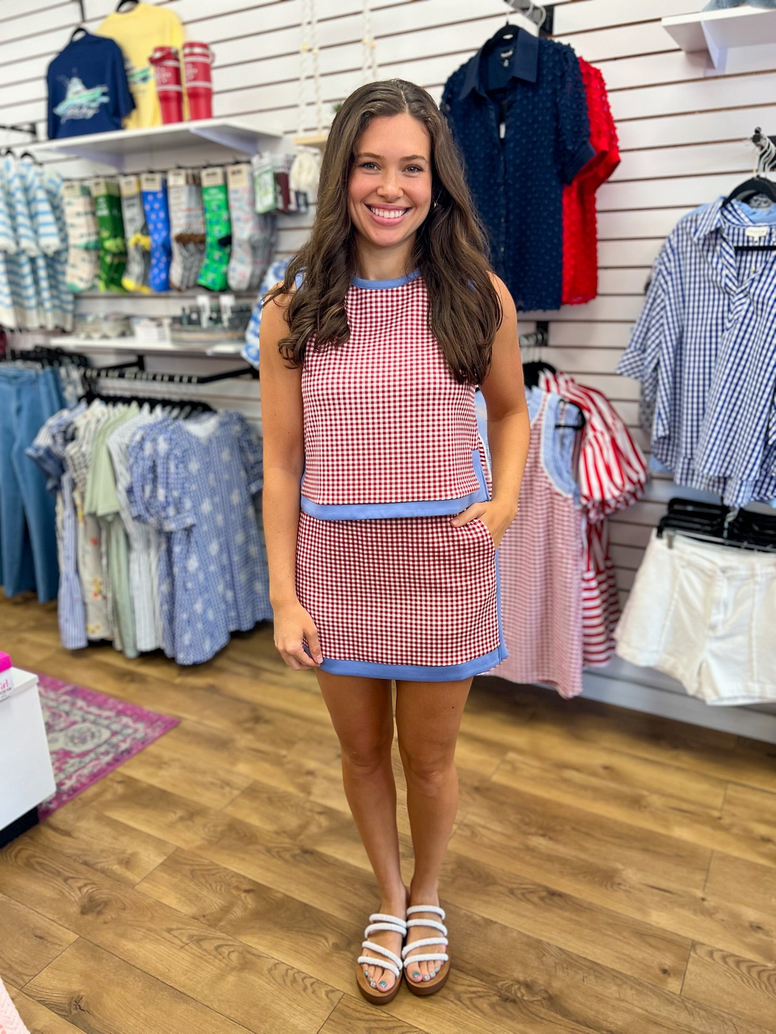 Red Gingham Sleeveless Skort Set with Pockets - A'Bekah's Boutique