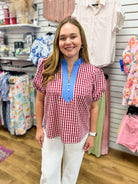 Red Gingham Top with Blue Contrast Placket Detail - A'Bekah's Boutique