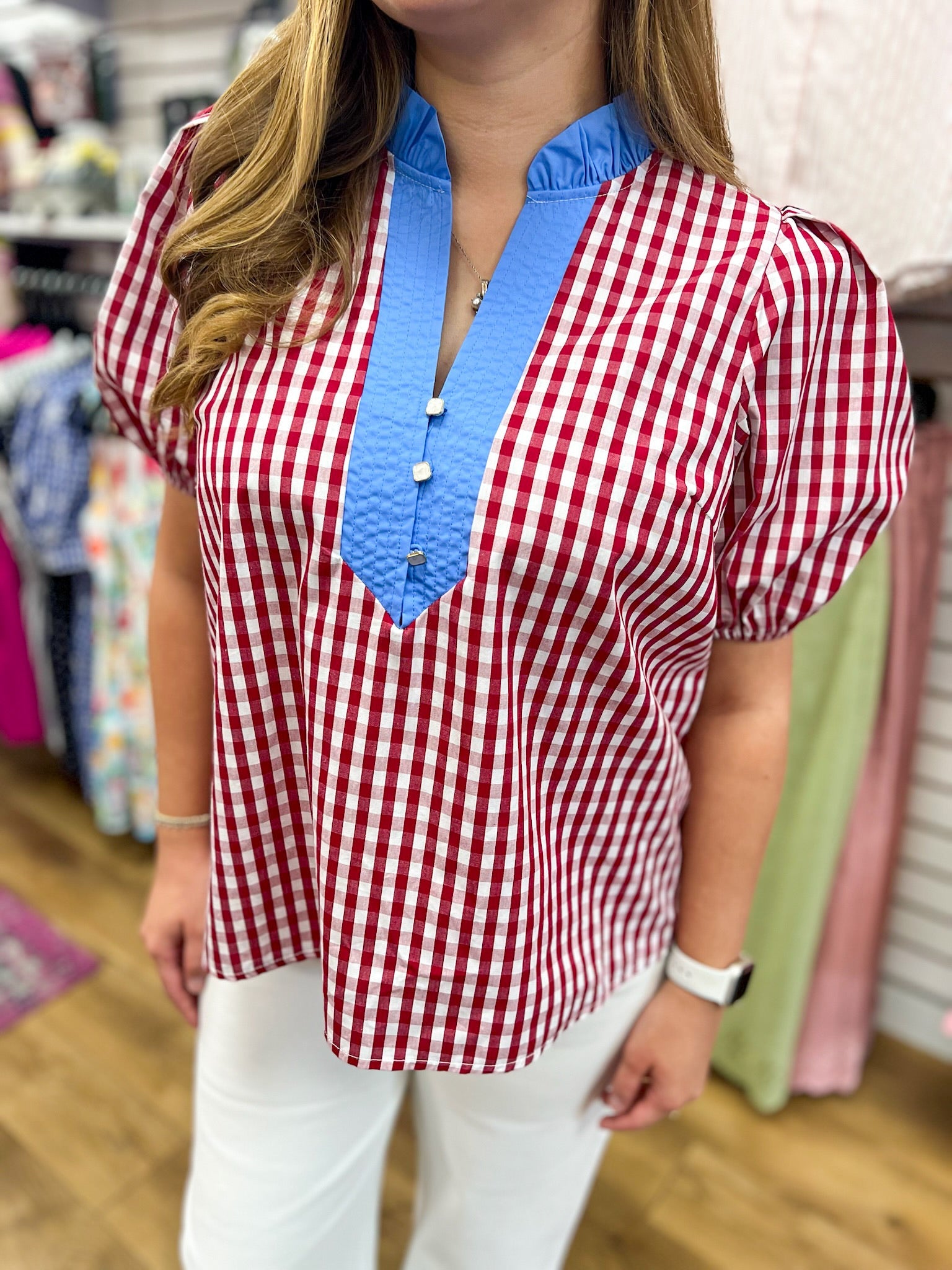 Red Gingham Top with Blue Contrast Placket Detail - A'Bekah's Boutique