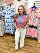Red Gingham Top with Blue Contrast Placket Detail - A'Bekah's Boutique